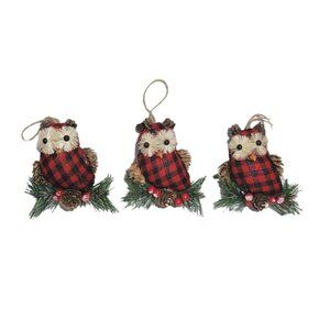 Country Owl Christmas Tree Ornaments Lot Of 3 Buffalo Plaid Red Black Pine